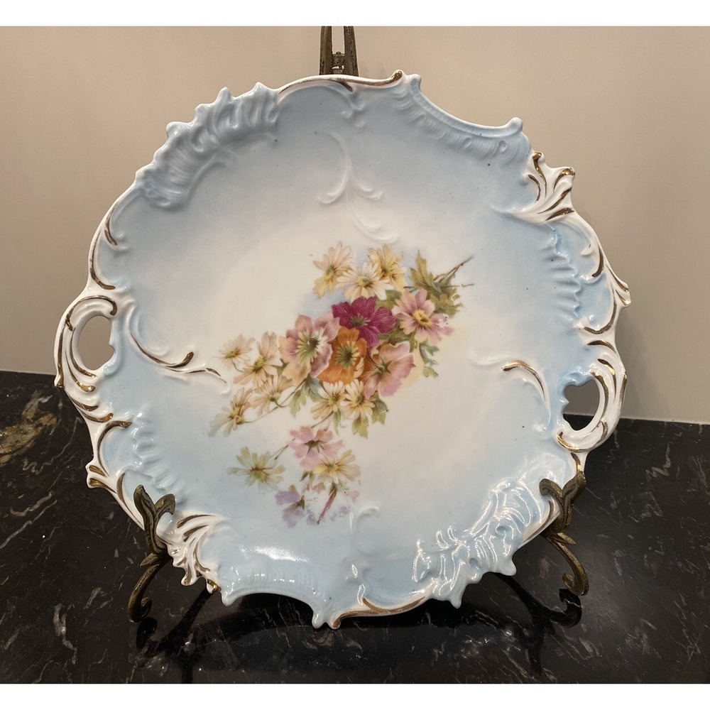 Antique Hand Painted Bavarian Plate w Handles Field  Flowers 9.75"